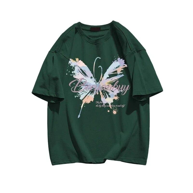 Sommer Uformelle y2k topper T-skjorter harajuku overdimensjonert sommerfugltrykk i ren bomull T-skjorte Grafisk Dame T-skjorter Hipster kawaii klær