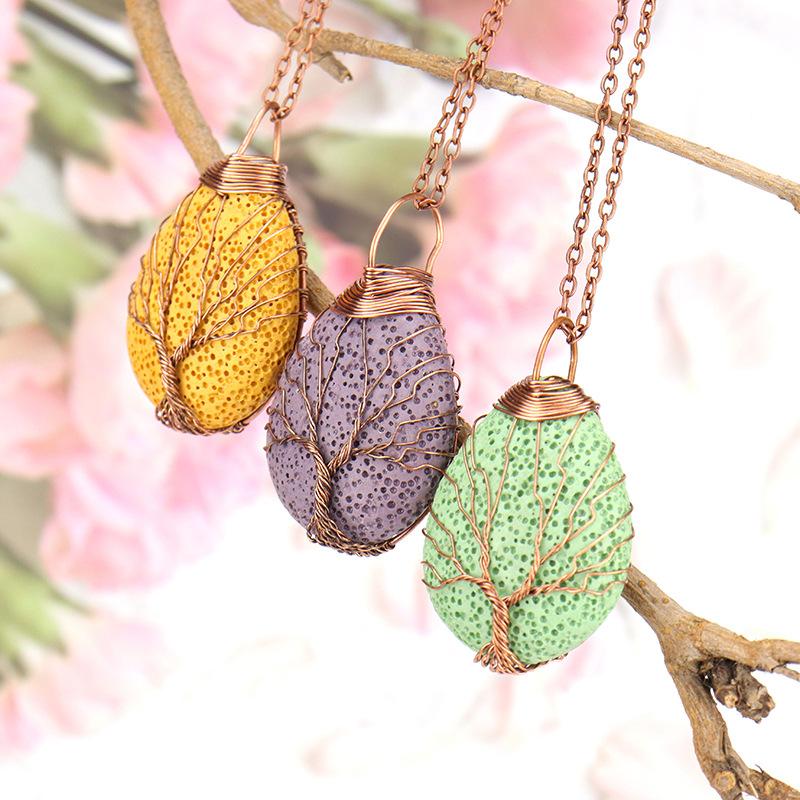 Handmade Copper Wire Winding Multi-Colored Volcanic Stone Water Drop Tree Of Life Pendant Necklace N529