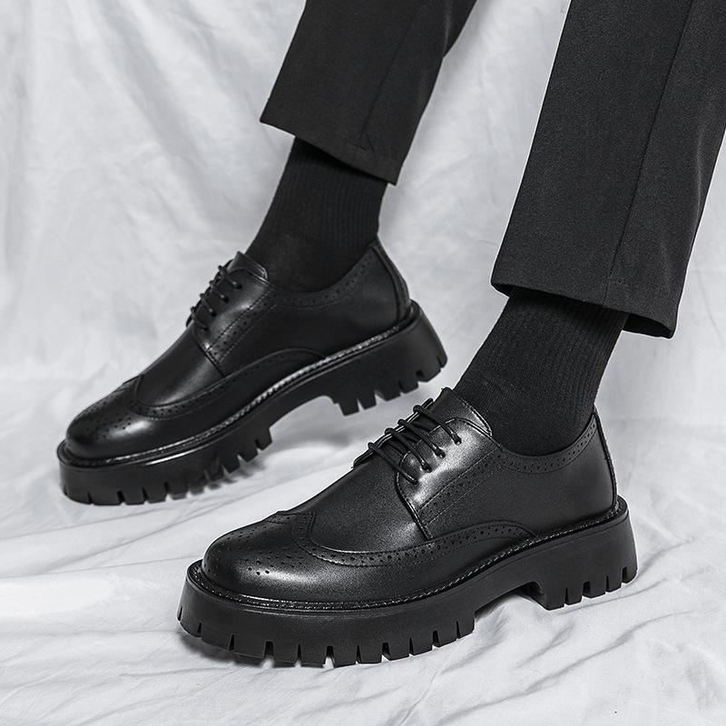 Men's Thick Sole Lace-Up Brogue Leather Shoes - Spring/Autumn Casual Height-Boosting Low-Tops for Teens