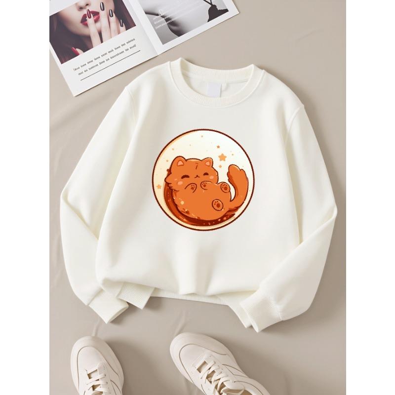 European sizes Kids' Sweatshirts, Girls' Autumn Winter Cute Cat Starry Background Print Long Sleeve Round Neck Sweatshirt, Casual Daily Wear.