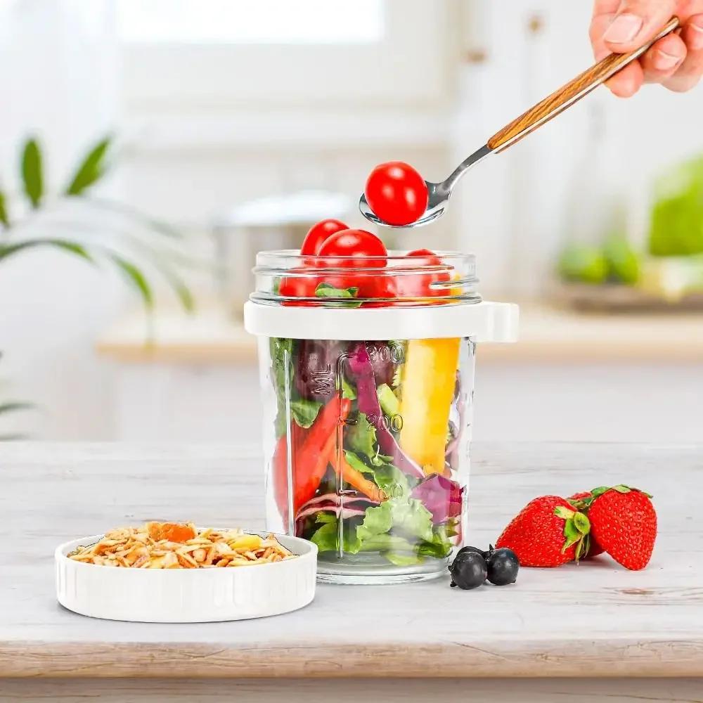 350ml Overnight Oats Jars Glass Measurement Marks Oatmeal Container With Spoon Reusable Yogurt Jar