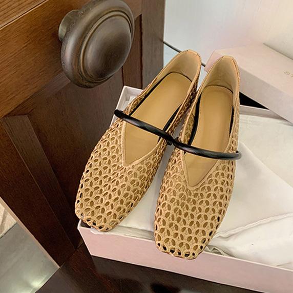 Sheepskin Version~ French Square Head Hollow Mesh Leather Sandals Women's New Soft-soled Woven Sandals Mary Jane Single Shoes