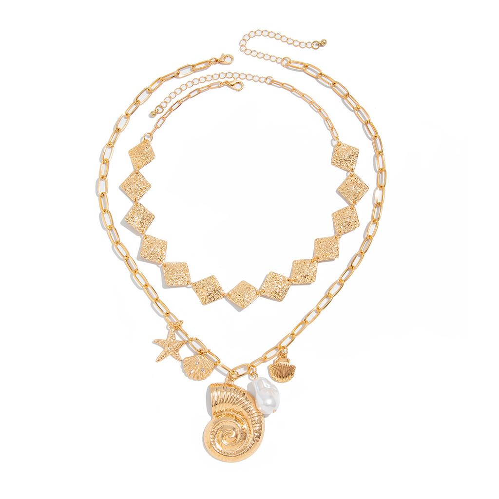 Ocean Wind Starfish Scallop Shell Large Conch Necklace, Fashionable Metal Rhombus Imitation Pearl Necklace