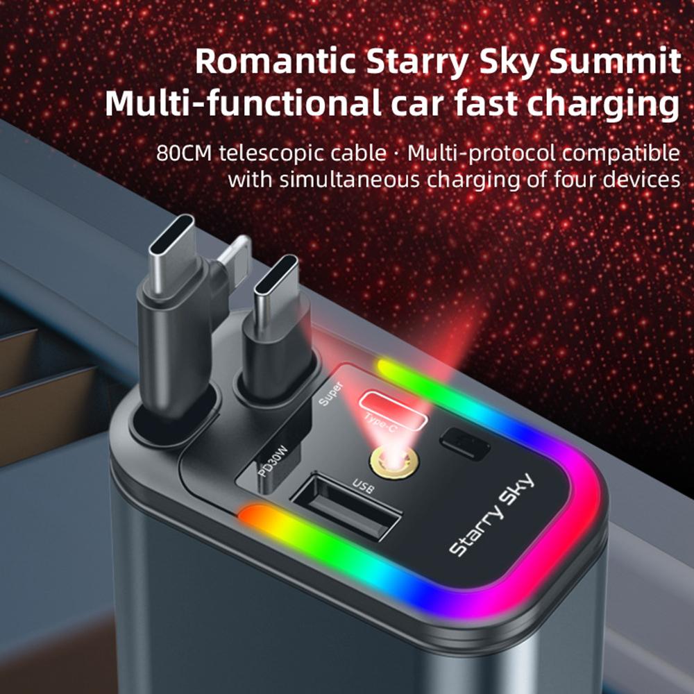 5 In 1 Total Power 180W Car Fast Charger with Retractable Cable USB Type-C Power Adapter with Color Ambient Light and Starry Sky Light for IOS Android