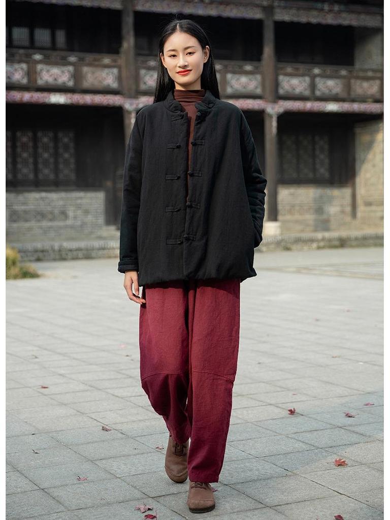 Winter Retro Chinese Cotton-Linen Women’s Coat - Solid Color, Stand Collar, Frog Button, Thickened Warm Jacket