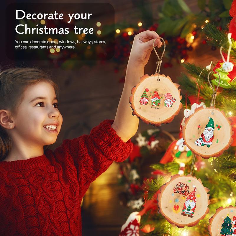 12/24Pcs Christmas Wooden Ornament Cartoon Santa Claus Rustic Wood Slice New Year Home Decoration Xmas Tree Hanging Pendant Gift