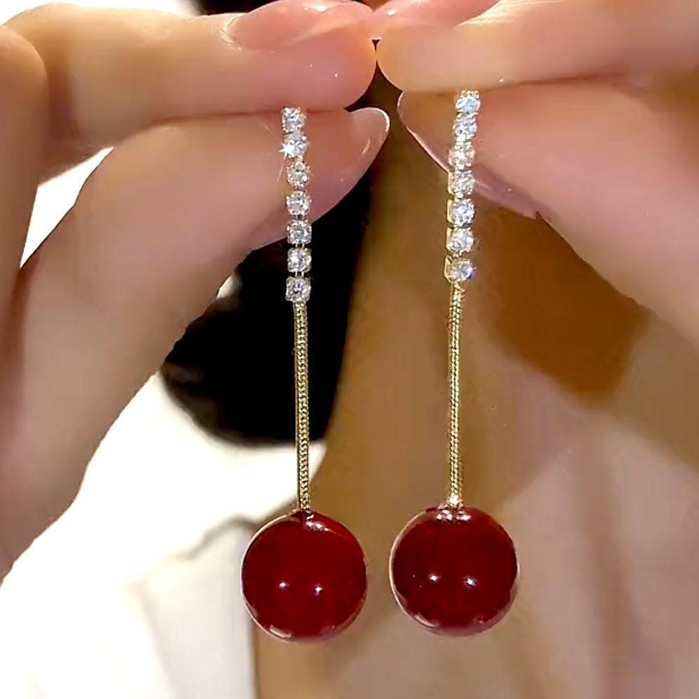 Trendy 2023 Red Bead Tassel Earrings: Elegant Medium-Length, Japanese Korean-Inspired Design Medium золотой