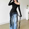 Off Shoulder Ruffles Tassel Long Sleeve T Shirt Women Sweet Streetwear Sweet Blouse Gentle Party Basic Top Slim Fit Black Tees Shirt Sexy New Shirt