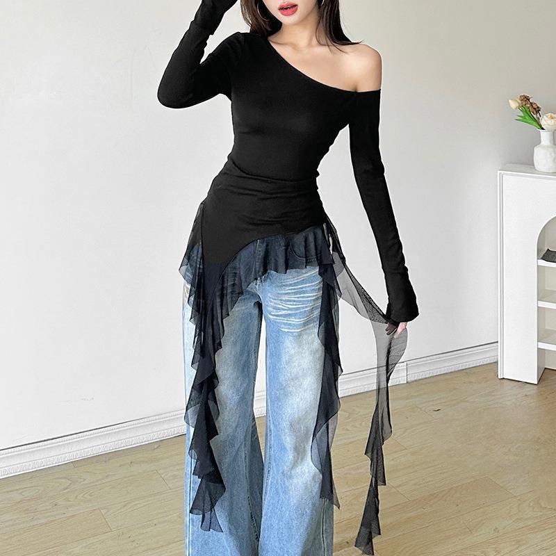 Off Shoulder Ruffles Tassel Long Sleeve T Shirt Women Sweet Streetwear Sweet Blouse Gentle Party Basic Top Slim Fit Black Tees Shirt Sexy New Shirt