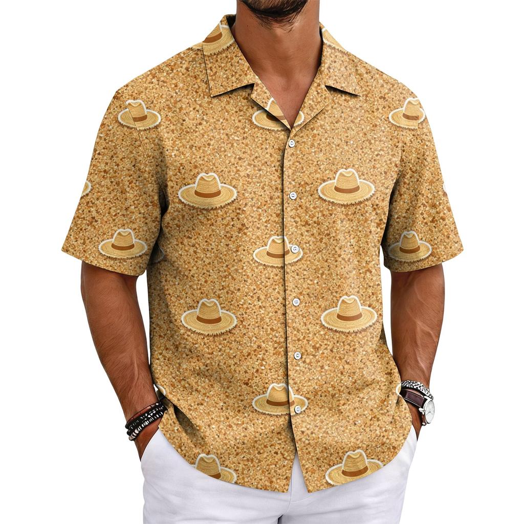 Men's Summer Hawaiian Print Cuban Collar Shirt Short Sleeve Button Down Casual Beach Shirt Lightweight Breathable Fabric