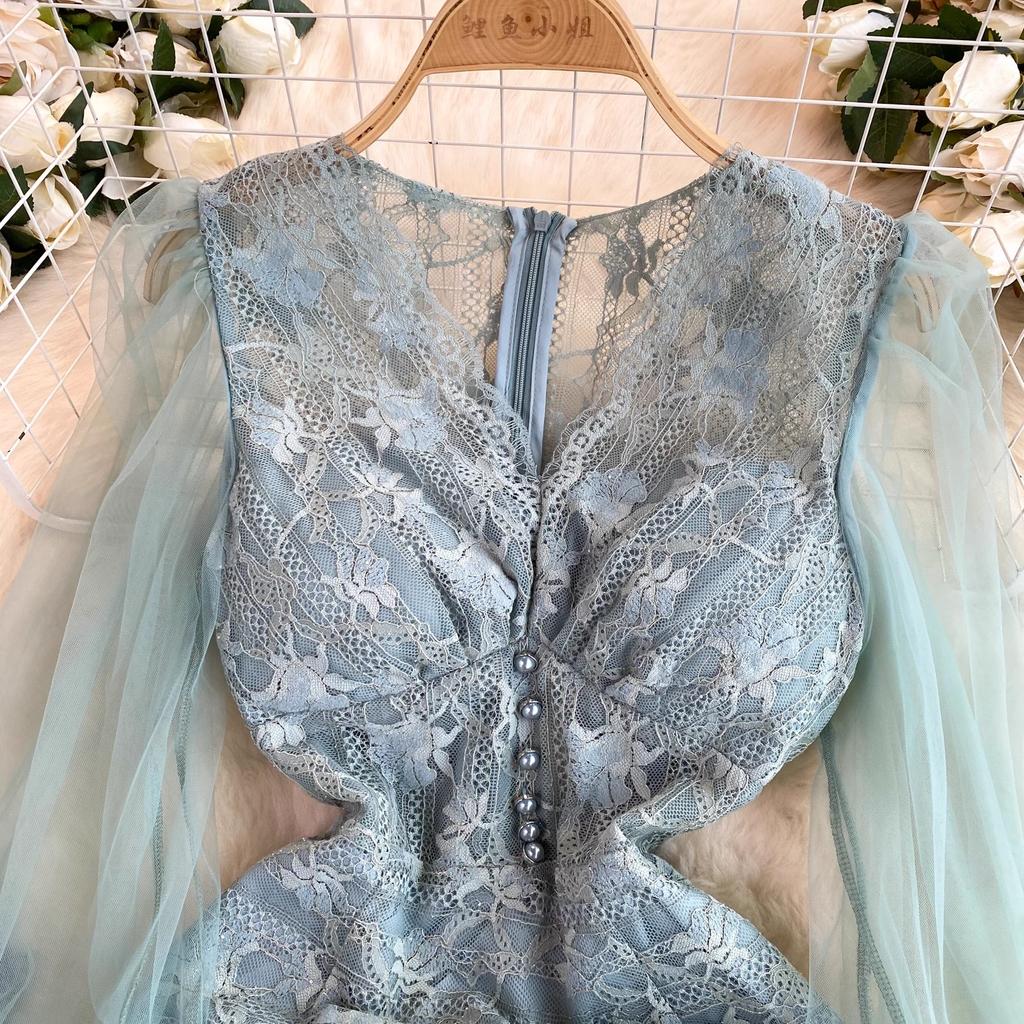 Elegantes Bleistiftkleid aus Häkelspitze für die Arbeit im Büro für Damen, schmaler V-Ausschnitt, Netzstoff, lange Laternenärmel, gepolsterte Abendgarderobe