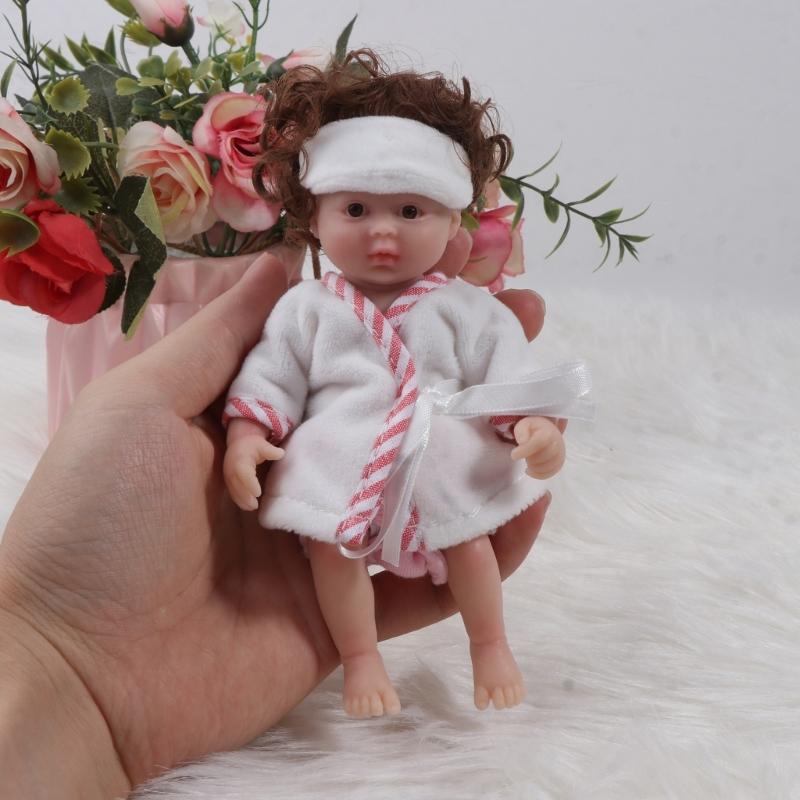 6'' Reborns Doll Mini Newborn Girl Doll Full Body Soft Silicone Life Like Doll with Brown Hair Realistic Doll Baby Toy