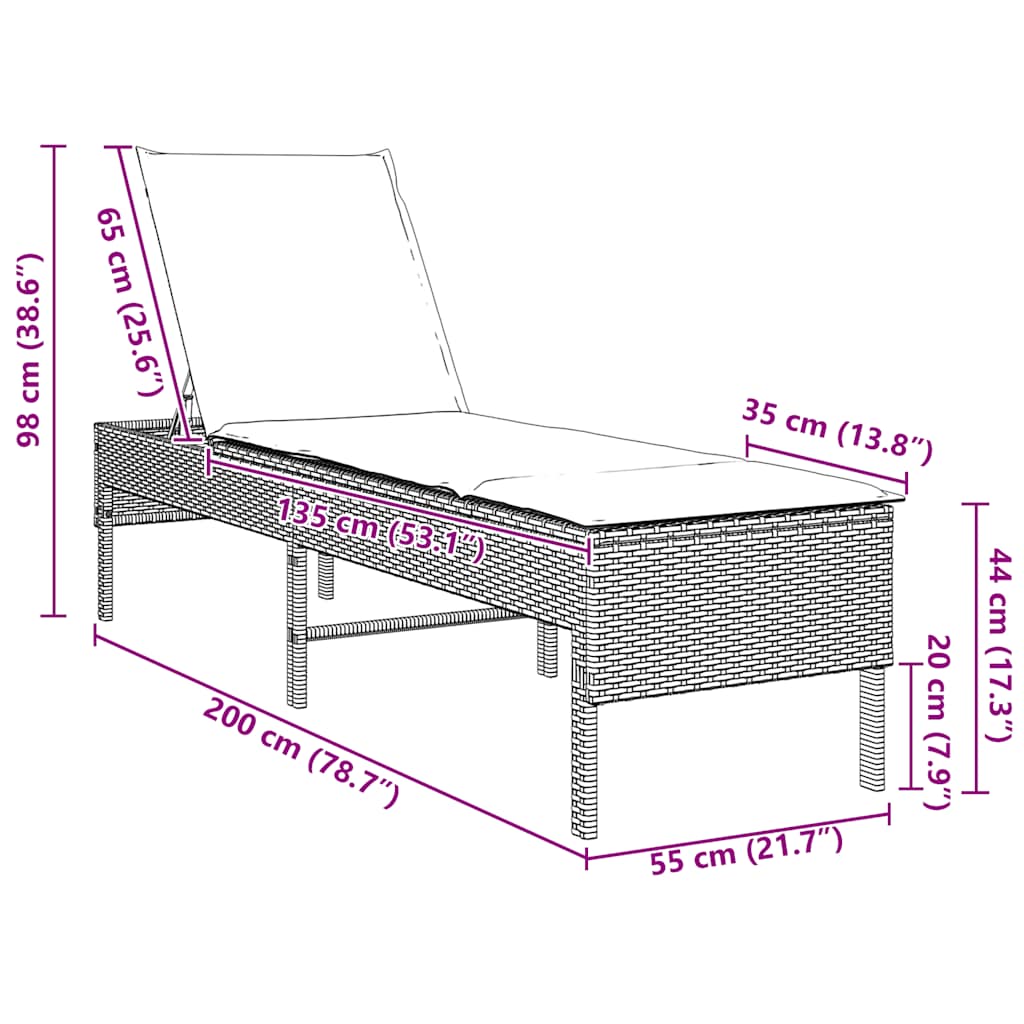 Sun Lounger with Grey Cushion 55 X 200 X 44 Cm Poly Rattan