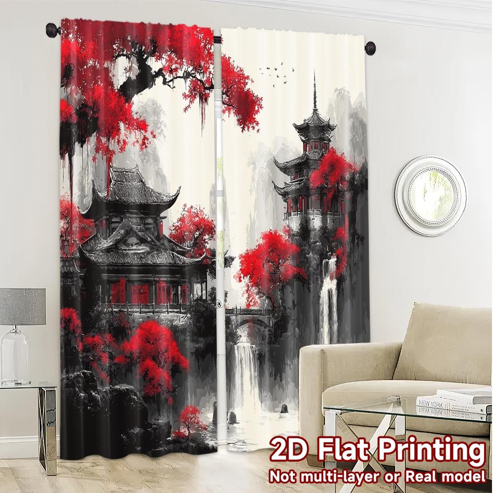 2pcs   2D FLAT PRINTING Curtains (Without Rod) Crimson Serenity Popular Light Filtering Curtains Polyester Easy Install Curtains