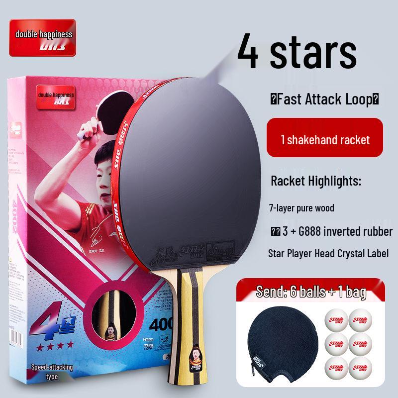 Genuine Double Happiness 4-Star Table Tennis Racket for Student Competition - Single Racket, Straight/Shakehand Grip H4002/H4006