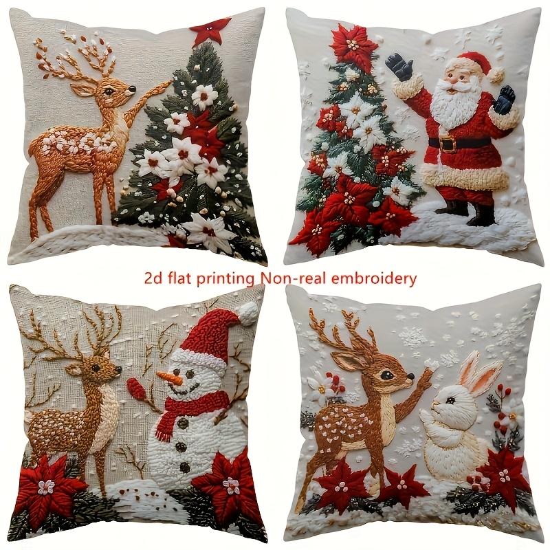 2D Flat Printing, 4 Christmas Themed Pillowcases, Featuring Design Elements Such As Santa Claus and Reindeer, Non Real Embroidery,  Zippered Closure