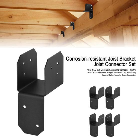 4Pcs 1.5/3-Inch Black Joist Anchoring Connector Tie Header Hanger Joint 2/4"x 4"Post Roof Post Cap
