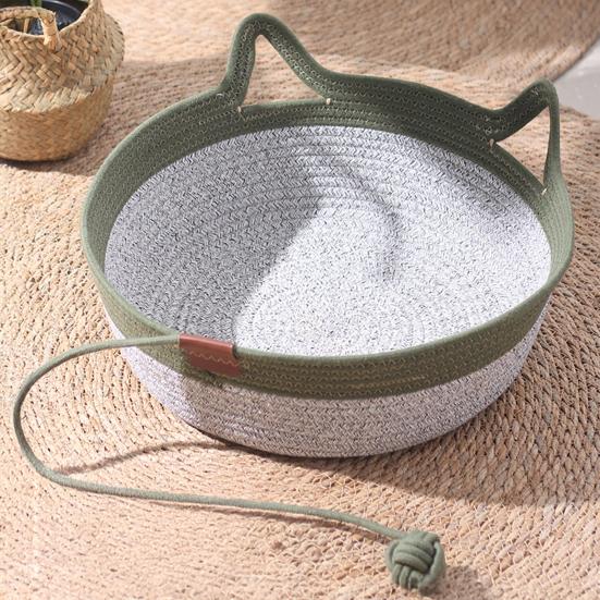 Handwoven Rope Cat Basket Cat Bed Basket with Rope Knot Ball Cat Ear Design Foldable Cat Bed for Indoor Cats Lounging Sleeping Entertainment