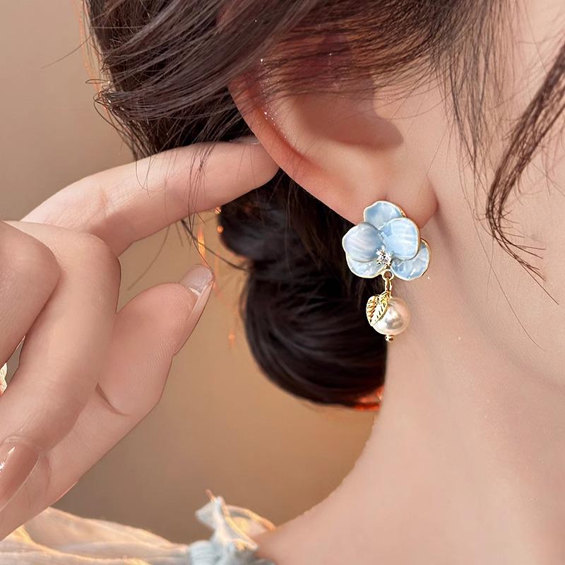 Blue Enamel Flower Pearl Drop Earrings - Unique Retro Forest Style