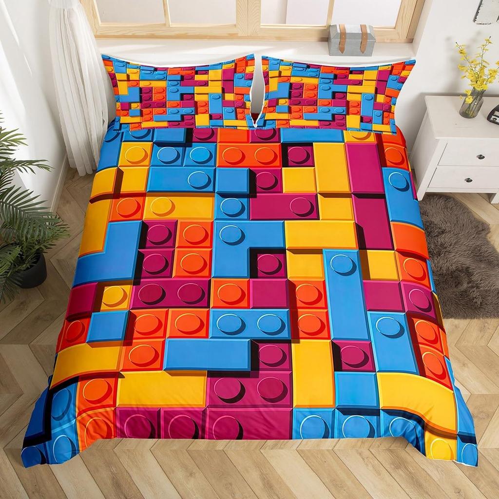 Building Block Duvet Cover Twin King Rainbow Construction Bedding Set Colorful Bricks Comforter Cover For Teen Girls Room Decor