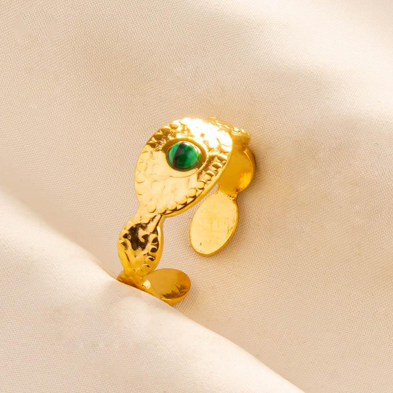 Green Striped Stone Vintage Gold Color Stainless Steel Open Adjustable Rings For Women Men Accessories Finger Jewelry Sun Flower