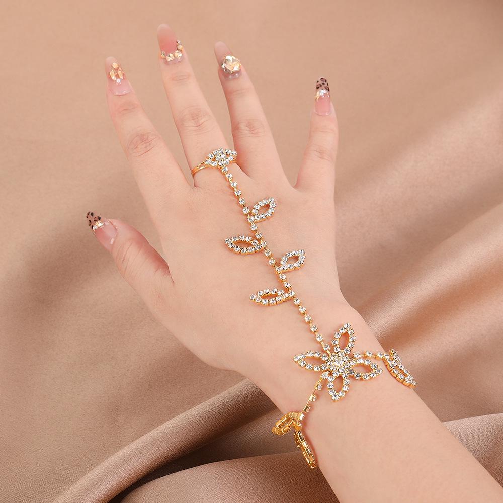 Korean Style Women s Rhinestone Leaf Hand Chain Bracelet - Elegant High-End Design