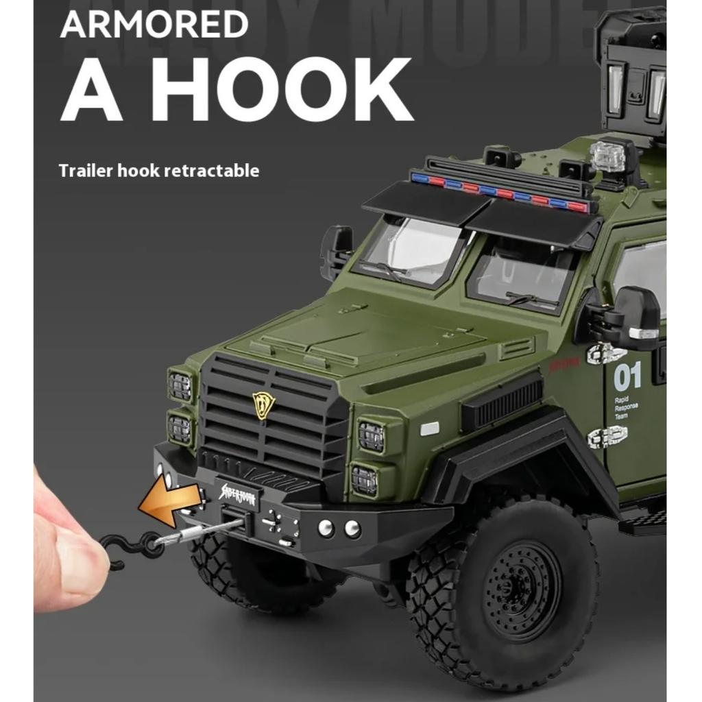 1/24 Scale Sword Toothed Tiger Explosion Proof Car Model Alloy Diecast Police Armored Off-road Vehicles Car Model Birthday Gift Boy