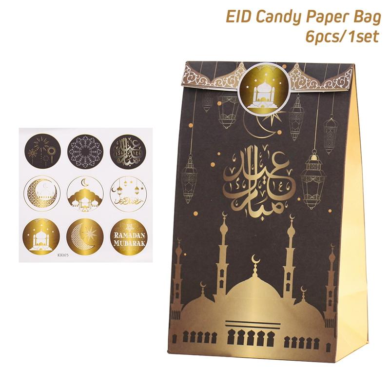 6pcs Eid Mubarak Candy Box Ramadan Gift Bag with Stickers Islamic Muslim Party Supplies Ramadan Kareem Eid Event Decorations
