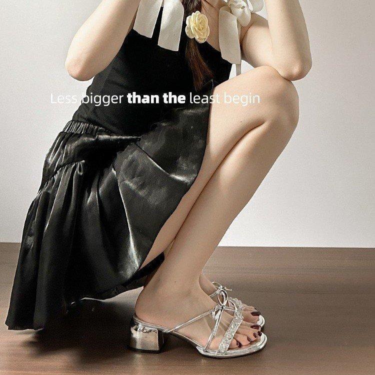 Silver Sandals Women 2025 New Summer Bow French Cool Slippers Wear Thick High Heels Fairy Style Slippers