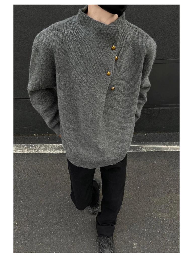 Men's Korean Style High Neck Sweater with Irregular Button Design – Trendy Oversized Knitwear