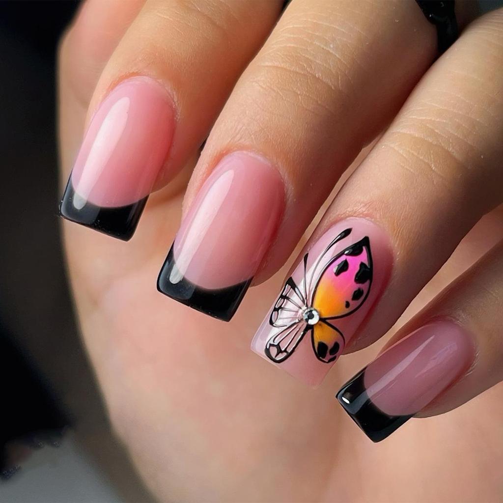 Butterfly Rhinestone Black Pink Medium Press-On Nails - Y2K French Style