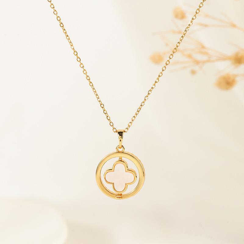 Shell Double-sided Micro Inlaid Four Leaf Grass Pendant Titanium Steel Necklace, the Best Gift for Girls