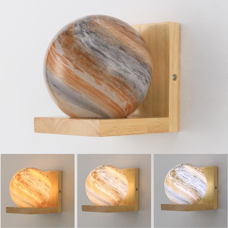 Wood Wall Lamp Nordic Starry Sky Planet Wall Sconce Children's Room Bedroom Bedside Glass Wall Lights for Home Decor