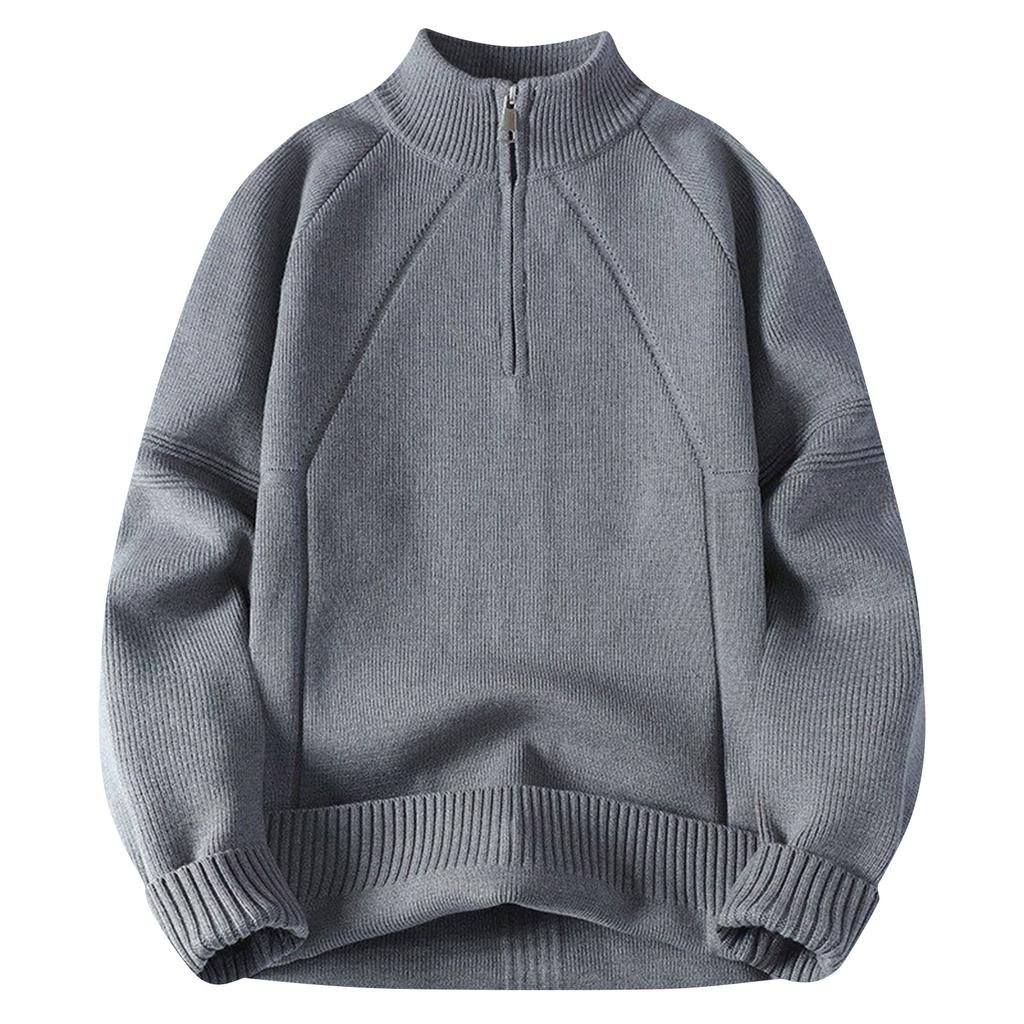 Men's Solid Color Textured Half Zipper Half Turtleneck Thickened Knitted Sweater Casual Loose Pullover Bottoming Sweater