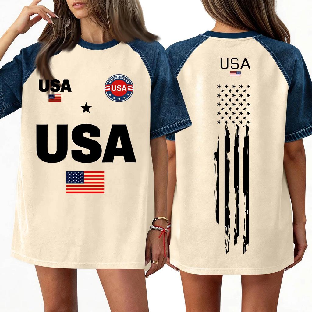 Women's Denim Patchwork Top, Casual Short-sleeved Comfortable T-shirt, Fashionable For Spring And Summer.