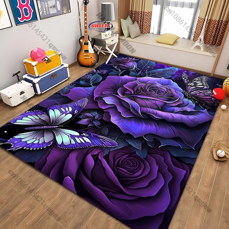 1PC Purple Butterfly Flower Print Carpet Living Rooms Bedroom, Office Areas Rug, Durable Machine Washable Mat with Fast Shipping