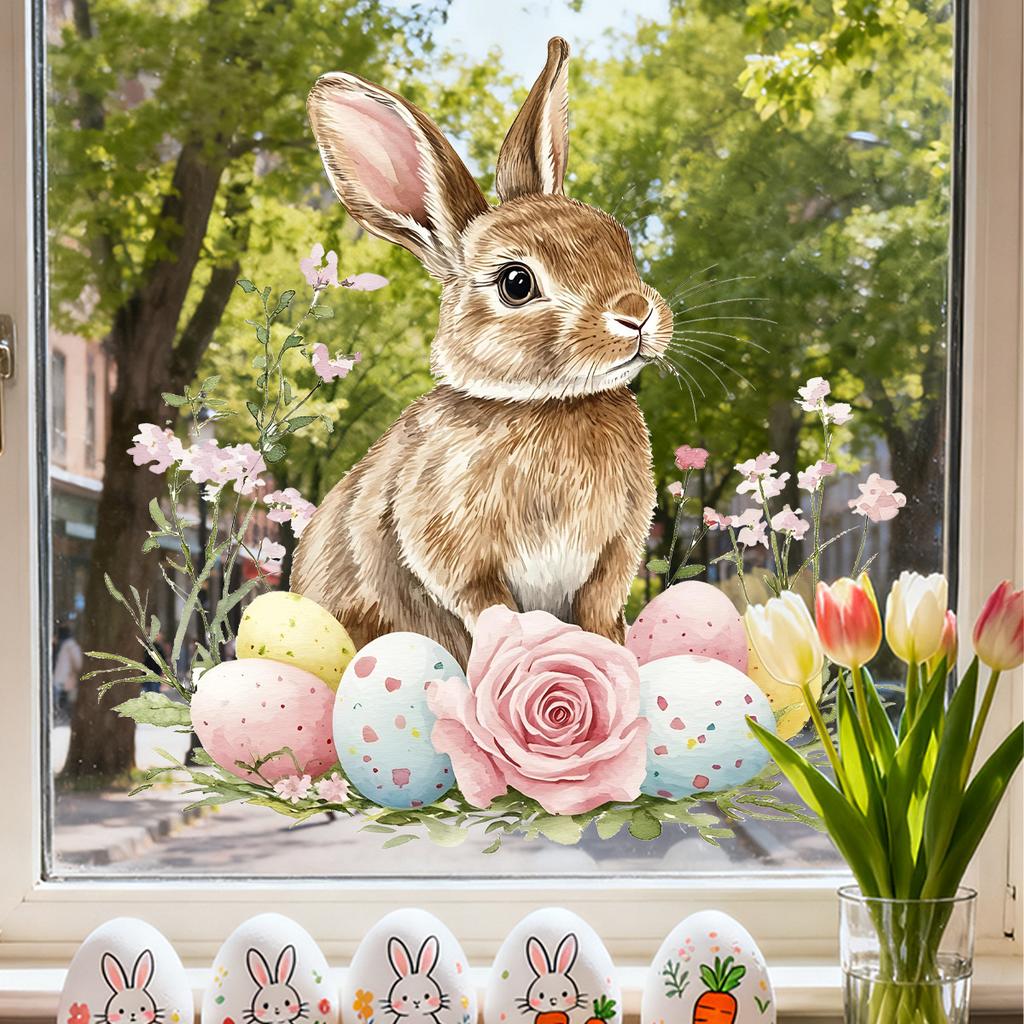 Easter Window Stickers, Creative Cute Floral Bunny Eggs Decor, Static Cling Glass Decals for Bedroom Living Room Holiday Decoration