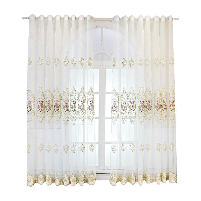 1pc Elegant Floral Embroidery Sheer Curtain, Nordic Style with Pink and Brown Flowers Rod Pocket Design for Bedroom & Living Room Decor