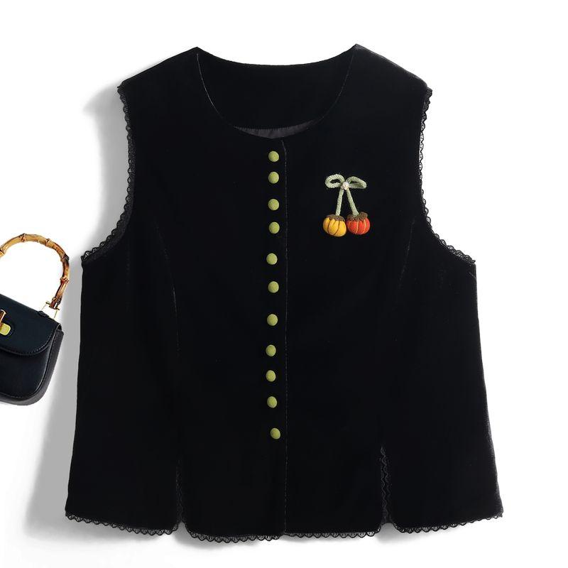 

New Chinese Style National Style Retro High-Grade Contrast Color Vest Vest Women Autumn New Lace Split Retro Short coat Black 4XL