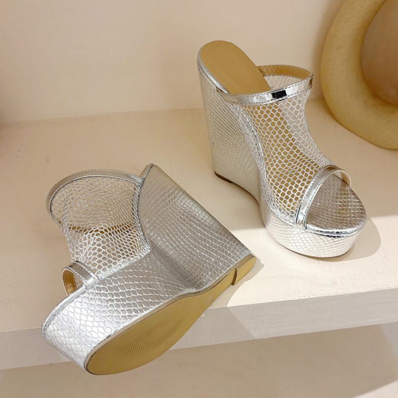 Liyke Summer Breathable Mesh Women's 14CM Wedges Slippers Fashion Open Toe Gold Silver High Heels Platform Sandals Female Shoes