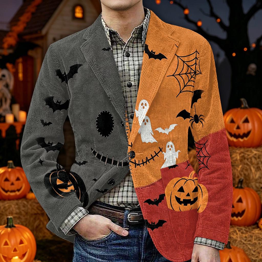 Men's Corduroy Jacket with Halloween Print, Warm, Pockets for Casual Daily Wear