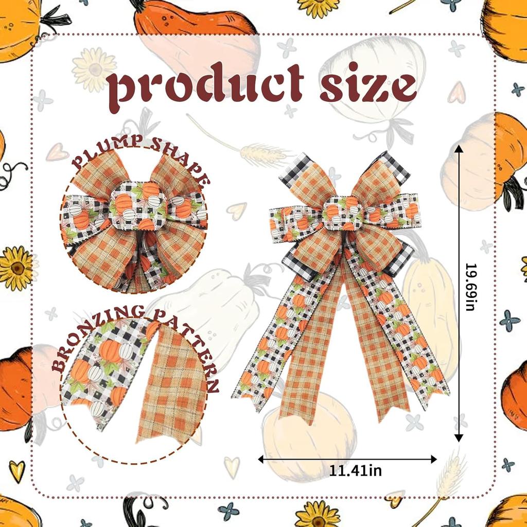 Fall Bows - Thanksgiving, Autumn Leaves, Buffalo Plaid & Burlap, White, Black, Orange - Front Door, Indoor/Outdoor Wall Decor - 10 Pack