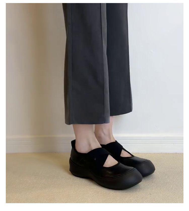 2025 new platform sports cross belt Mary Jane small leather shoes round head ballet shoes women's shallow mouth retro single shoes