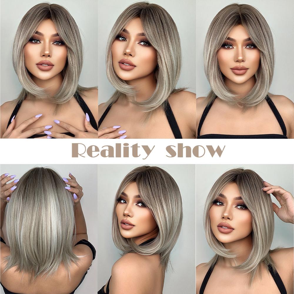 Medium Length Ombre Brown To Blonde Straight Hair Wigs with Bangs Synthetic Wigs for Women Cosplay Heat Resistant Natural Wigs