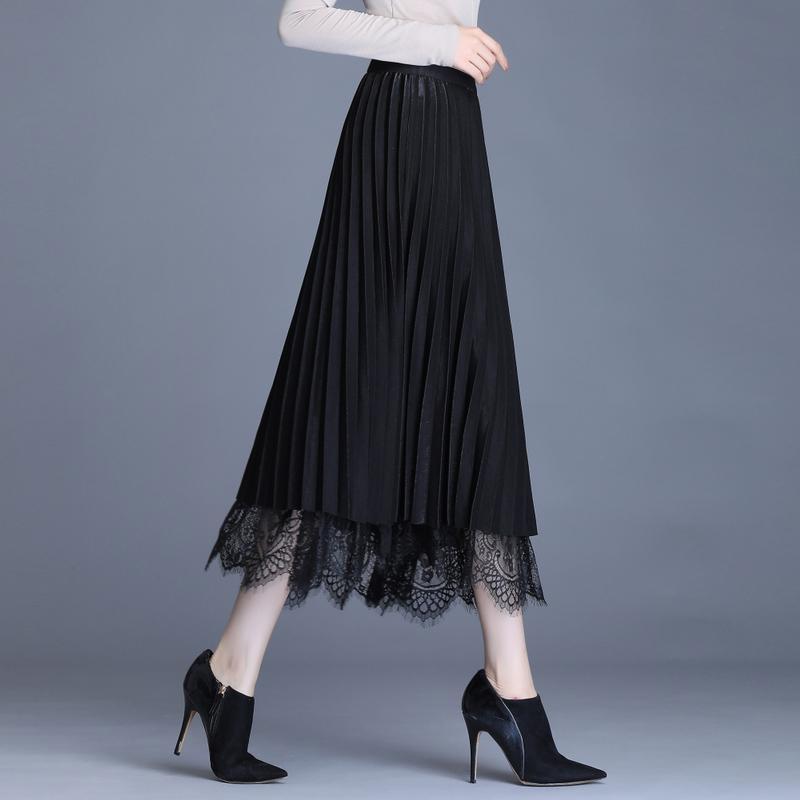 Beidseitig tragbar Goldener Samtgarn Bedruckter Spitzrock Damen Midilänge Elastischer Bund Plissee-Rock Schule Arbeit Reise