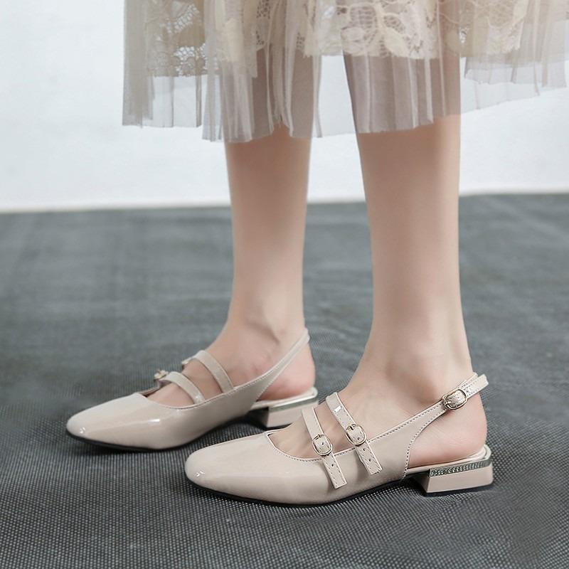 Fashion Mary Janes Women's Sandals Square-Toe Double-Buckle Patent Leather Heel Shoes  with Jean Styling Heels for Ladies Talons Femme
