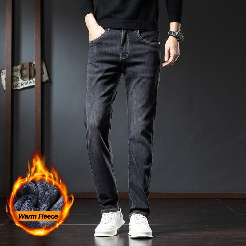 Winter Fleece Jeans Men's Fashion Elastic Slim Straight Warm Trousers Thicken Business Casual Korean Thermal Denim Pants