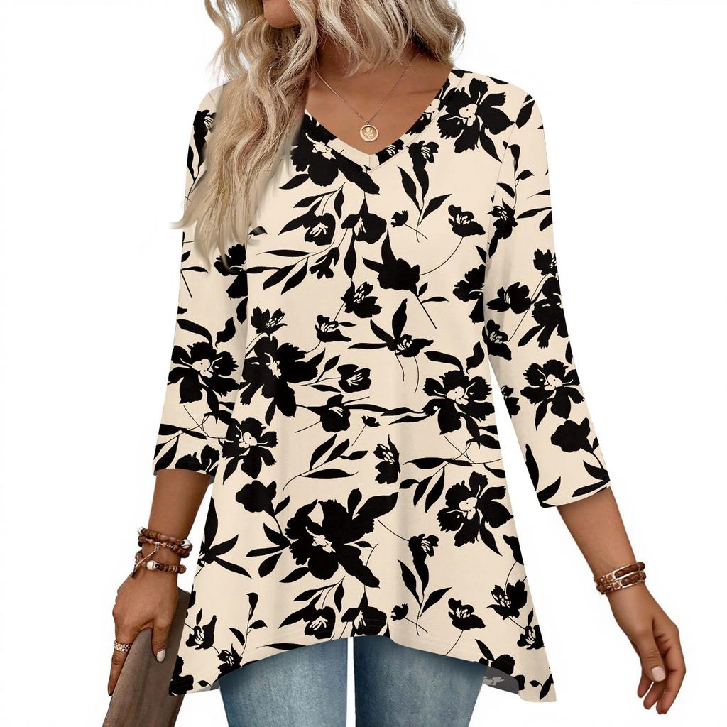 Dámské topy s výstřihem do V a 3/4 rukávem, ležérní košile střední délky, módní tuniky s potiskem