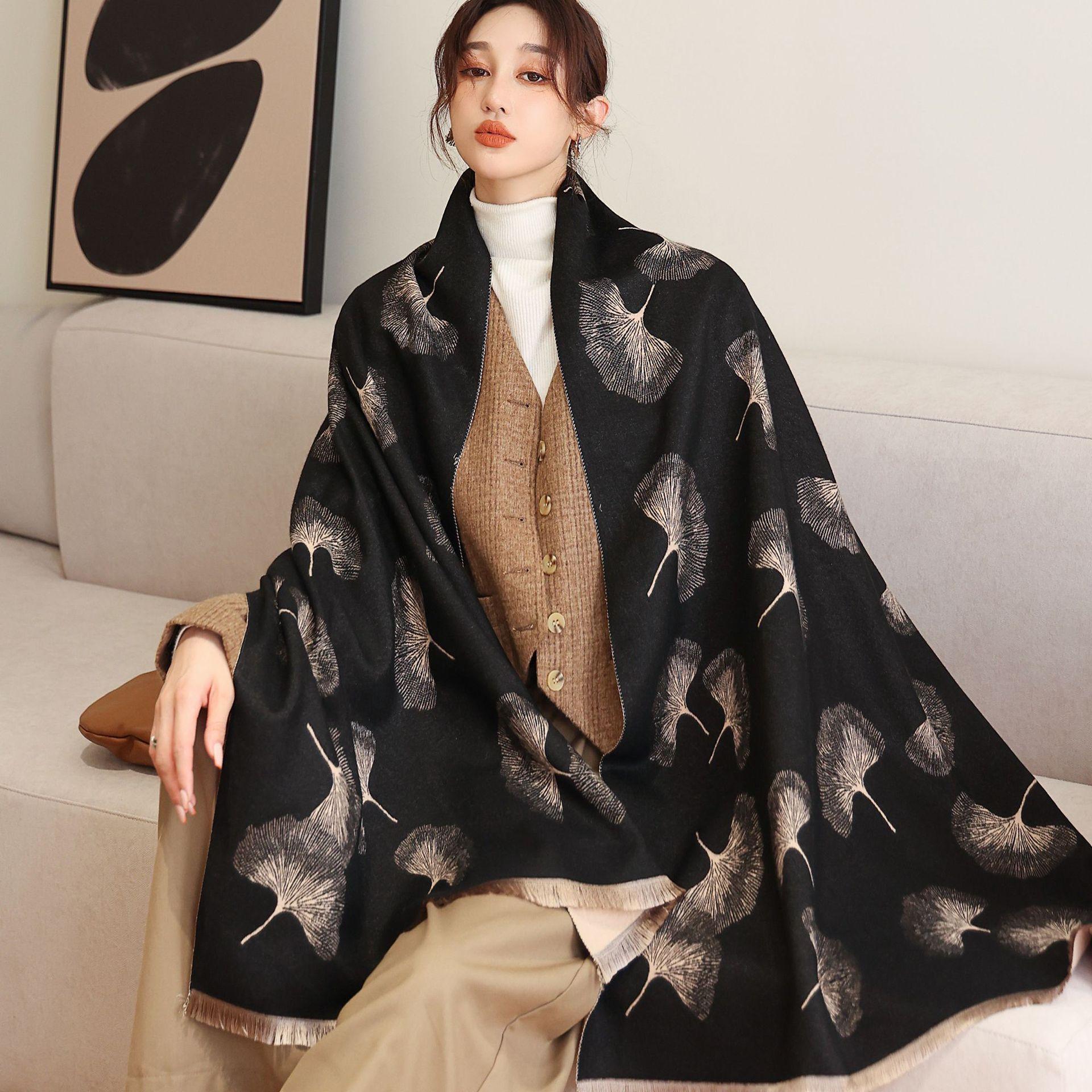 

Роскошный зимний кашемировый шарф женский новый дизайн теплый пашминовый плед шарфы с лиственным принтом женская шаль обертывания толстый фуляр буфанда