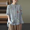 Summer Japanese and Korean Printed Cotton and Linen Blouse Ladies Loose Temperament Shirt Short-sleeved Shirt